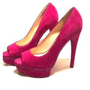 Hot pink suede platform peep toes
